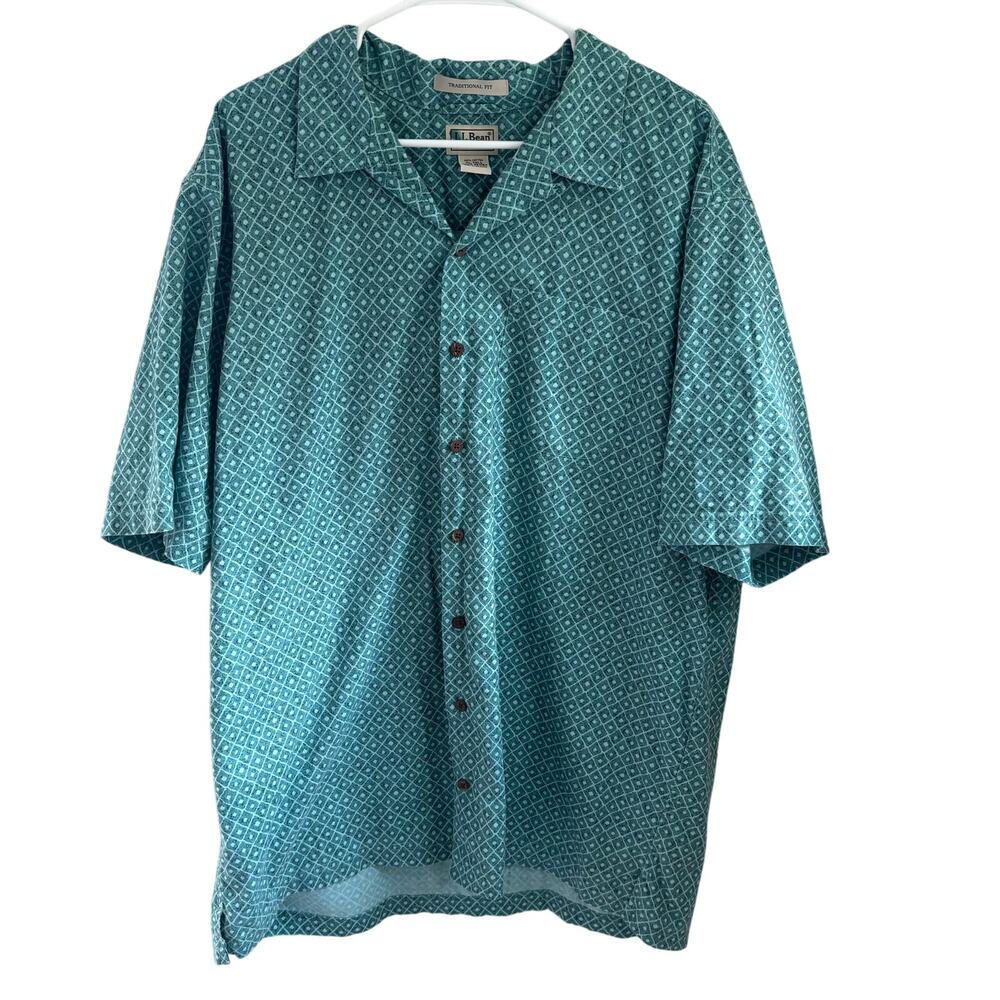 L.L. Bean Men's Diamond Pattern Short Sleeve Button Up Casual Camp Size XL Tall